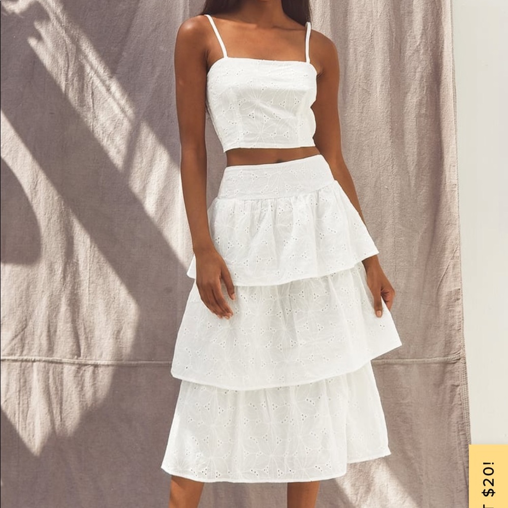 Romantic Summer White Eyelet Tiered Two-Piece Midi Dress